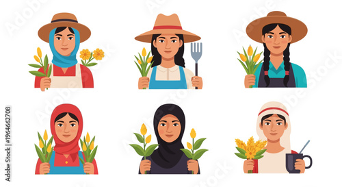 Global Women Farmers Collection: Diverse Agricultural Workers with Crops and Tools