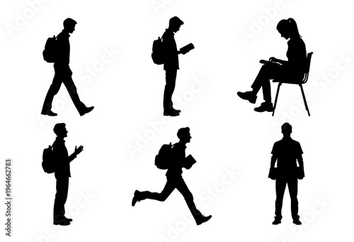 Student silhouette vector set, university students walking and reading with backpacks, college youth education silhouettes for architectural rendering