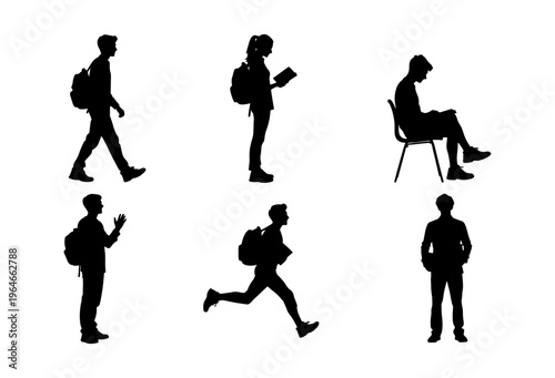 Student silhouette vector set, young people with backpacks walking and sitting, university students collection in black and white