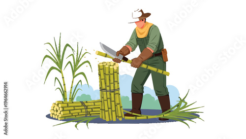 Harvesting of Sugarcane: An illustrated depiction of a farmer diligently harvesting sugarcane, emphasizing the manual labor and agricultural process in a vibrant style.