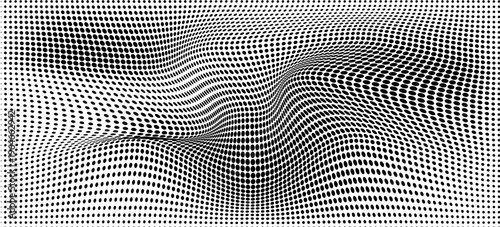 Hexagon halftone gradient texture. Abstract black and white spotted grunge background. Geometric retro tech wallpaper. Fading wavy hexagonal pattern backdrop. Vector vanishing honeycomb grunge