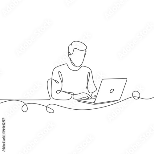 Laptop vector illustration of a man working on a minimalist continuous line drawing