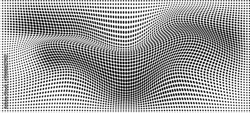 Hexagon halftone gradient texture. Abstract black and white spotted grunge background. Geometric retro tech wallpaper. Fading wavy hexagonal pattern backdrop. Vector vanishing honeycomb grunge