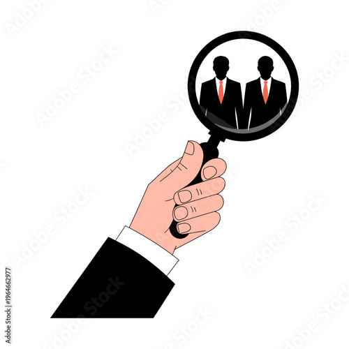 A businessman examines two suited men through a magnifying glass closely