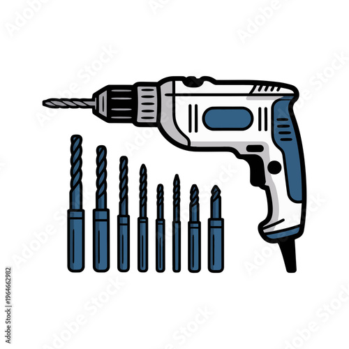 Drill electric icon with drill bits set for home improvement projects