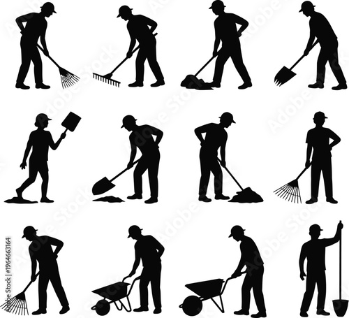 Worker silhouette illustration set for construction and gardening activities