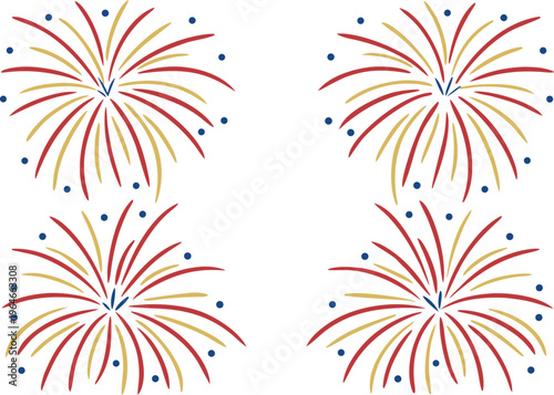 Colorful fireworks exploding in red yellow and blue on white background