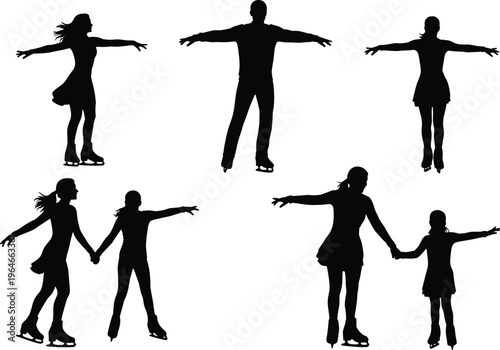 Ice skating people silhouettes collection, men women and children skating in dynamic poses, winter sport activity isolated on white background illustration