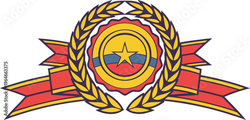Colombian celebration badge with dynamic shapes and laurel wreath colombian flag