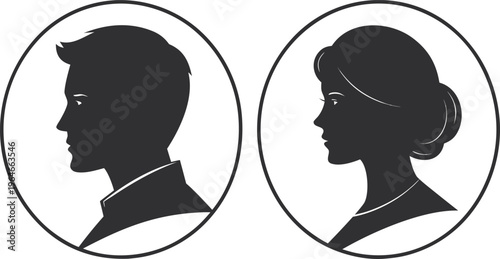 Black silhouette profiles of man and woman in circles