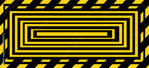 Warning sign with yellow and black diagonal lines. Attention, danger or caution symbol. Construction site signage, road safety notice, hazard banner, security alert shield. Vector illustration