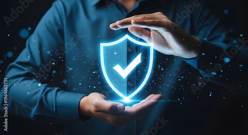 Person holding a shield with a checkmark symbolizing protection and security