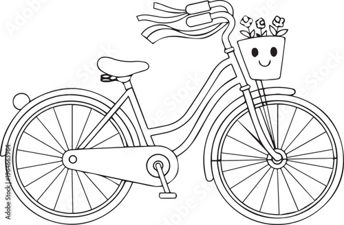 Bicycle with a basket of flowers on handlebars and streamers depicting a joyful and leisurely ride