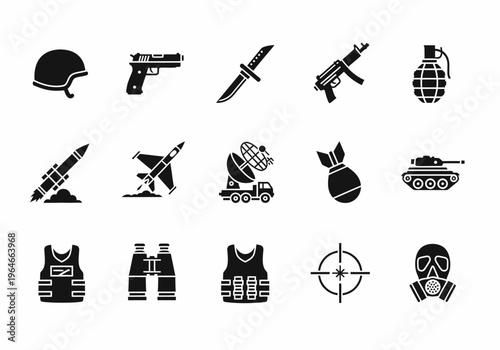 Military and War Equipment Icon Set - Black Silhouette Vector Symbols for Defense, Security, and Combat
