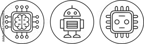 Black line set with artificial intelligence symbols line robot microchip circuit board