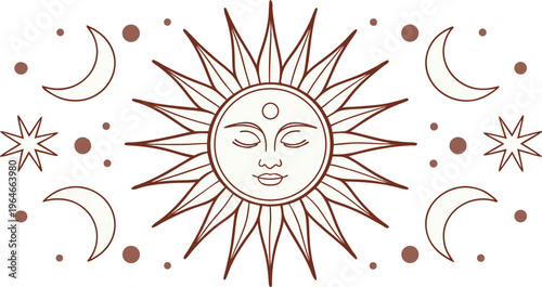 Bohemian sun with mystical celestial line moon phases