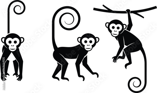 Monkey silhouettes set, cute primate characters, jungle animals collection, playful poses climbing and standing, wildlife cartoon concept, isolated on white background