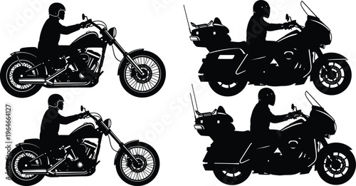 Motorcycle rider silhouette set, chopper and touring bikes collection, biker profiles, black vector illustration, transportation icons isolated on white background