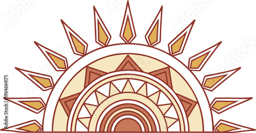 Bohemian sun with geometric patterns and tribal in orange and yellow hues tribal orange