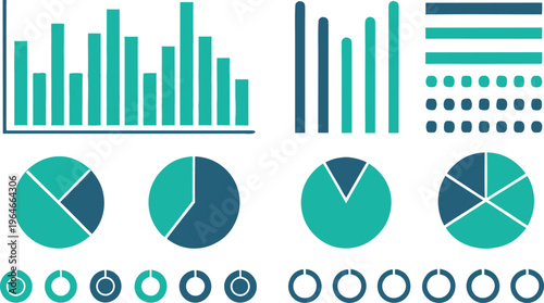Business infographic in teal and blue on white background chart bar graph