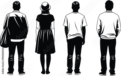 People back view silhouettes collection, men and woman standing from rear perspective in casual clothing, everyday lifestyle isolated on white background illustration