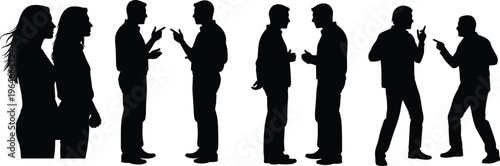 People arguing silhouettes set, conflict discussion poses, men and women disagreement, communication problem concept, debate and confrontation, isolated on white background