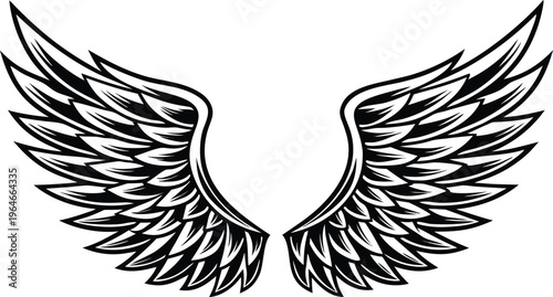 Bold black tattoo style angel wings with feathers and sharp lines black and white