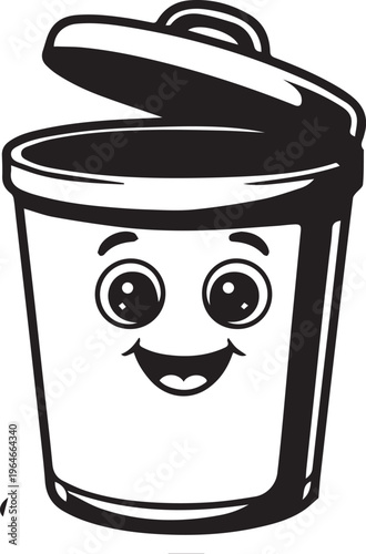 Happy cartoon trash can character with smiling face and open lid, fun isolated on white background, illustration