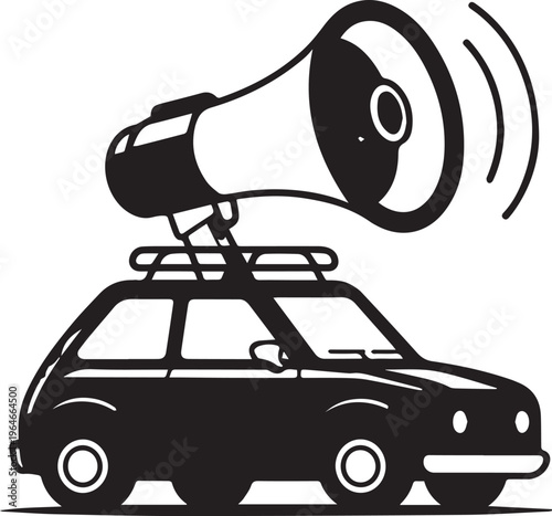 Small car with large megaphone on roof making a loud announcement conveying public address or advertising