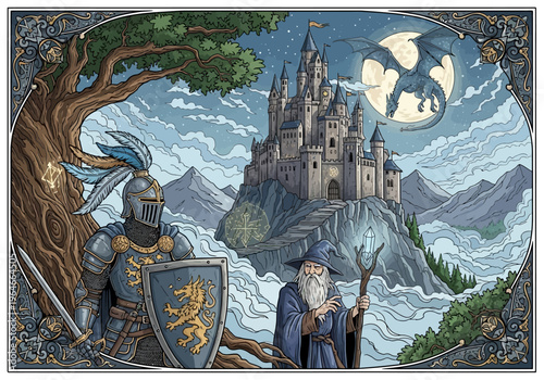 Epic Fantasy Adventure Illustration with Knight, Wizard, and Dragon Flying Over a Magical Castle under a Full Moon in a Medieval Kingdom
