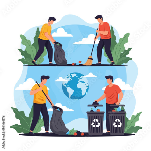 Vector illustration of four male characters cleaning the environment, sweeping litter with a broom, collecting trash in bags, and sorting waste into recycling bins with Earth.