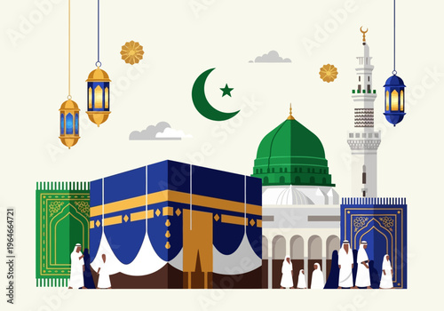 Islamic Illustration of Kaaba in Mecca and Prophet's Mosque in Medina with Pilgrims, Ramadan and Eid Mubarak Celebration Banner Background