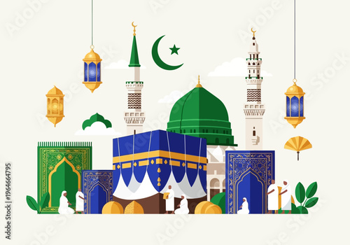 Islamic Hajj and Umrah Pilgrimage Vector Illustration with Kaaba, Prophet's Mosque Green Dome, Lanterns, and Minarets - Mecca and Medina Holy Sites Concept