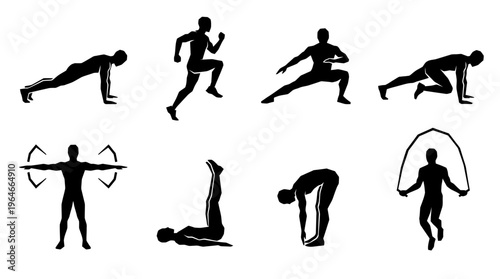 "Silhouettes of people performing workout poses"
