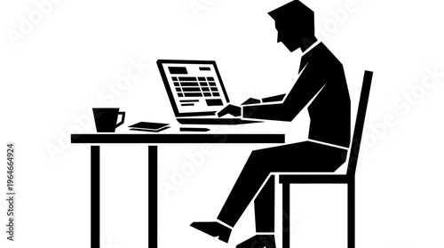 "Stylized illustration of person analyzing data at computer"