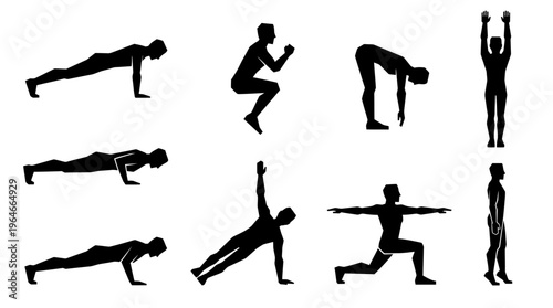 "Silhouettes of people performing workout poses"