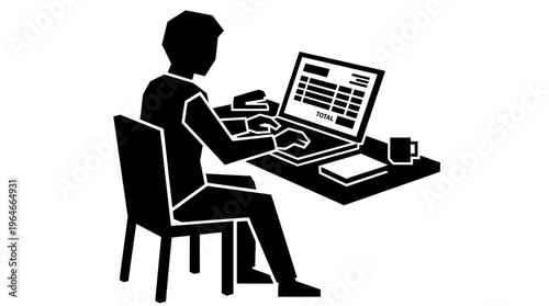"Stylized illustration of person analyzing data at computer"
