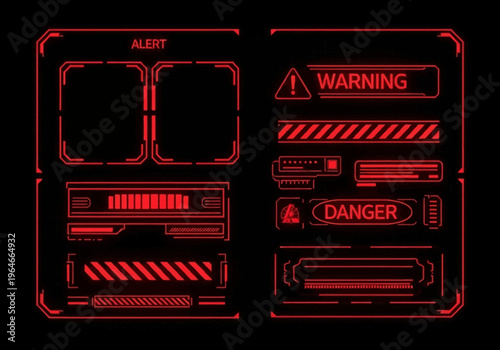 Red Cyberpunk HUD UI Kit: Futuristic Sci-Fi Interface Elements with Alert, Warning, and Danger Icons