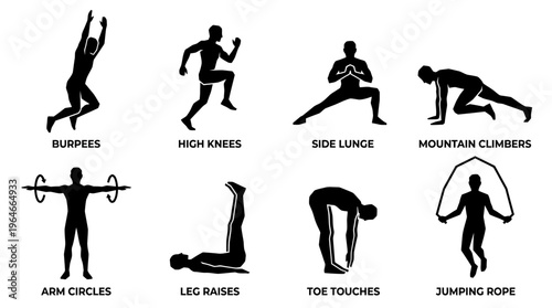 "Silhouettes of people performing workout poses"