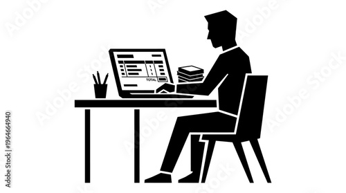 "Stylized illustration of person analyzing data at computer"