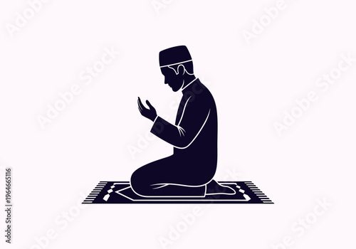 Muslim Man Praying Silhouette on Prayer Mat - Islamic Worship, Faith, and Devotion Concept for Ramadan and Eid al-Fitr