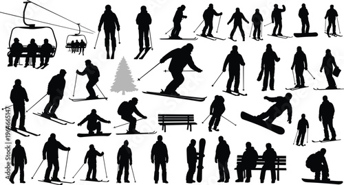 Skiing and snowboarding silhouette collection, winter sports people set, chairlift and mountain activities, black vector illustration, outdoor recreation icons isolated on white background