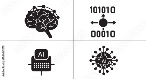AI and machine learning concept with neural network visualization, binary data, and digital data flow on blue background..eps