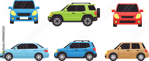 Collection of colorful cartoon cars set, front and side view vehicles, compact sedan SUV hatchback vector illustration isolated on white background
