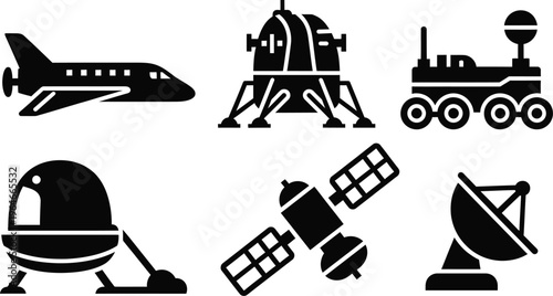 Space exploration crafts with space shuttle, a lunar lander, a rover, and satellites. 