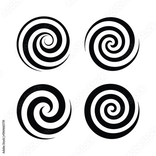 Four black and white spiral shapes arranged in a square formation