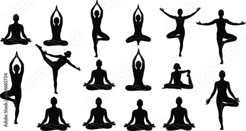 Yoga meditation silhouettes collection, woman practicing balance and stretching poses, healthy lifestyle fitness and mindfulness activity isolated vector set