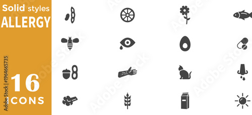 16 Modern Allergy and Food Intolerance Solid Icon Set Featuring Healthcare and Dietary Warning Glyph Vector Symbols