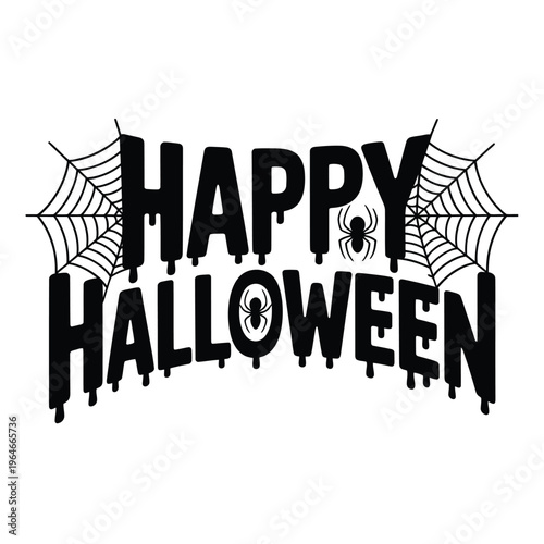 A spooky halloween graphic with dripping letters and a spiderweb design