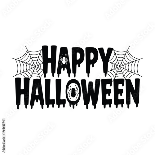 Happy halloween text with dripping letters and spiderweb graphic design